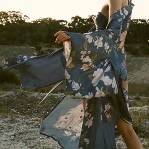 Bohemian Long Blue Floral Peacock Kimono Duster Robe